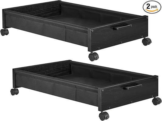 FOUCSSOMEI Under Bed Storage with Wheels, Wooden Under Bed Drawers On Wheels, Rolling Under Bed Shoe Storage, Space Saving, Black,50L