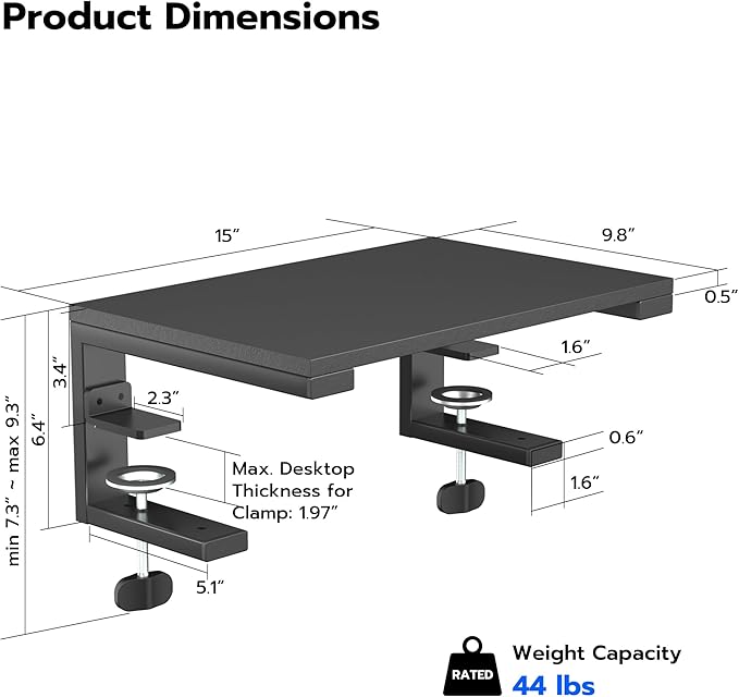 ARES WING Clamp-On Desk Extender & Monitor Shelf – 15" Space Booster, Freestanding or Clamp Mount, Holds 44 lbs, No Drill Desktop Organizer for Office/Gaming, Black