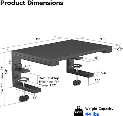 ARES WING Clamp-On Desk Extender & Monitor Shelf – 15" Space Booster, Freestanding or Clamp Mount, Holds 44 lbs, No Drill Desktop Organizer for Office/Gaming, Black