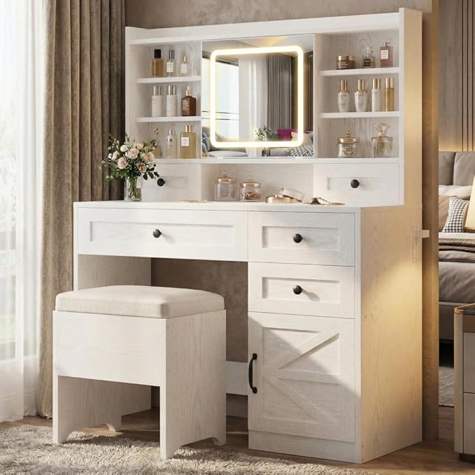 IRONCK Vanity Desk with LED Lighted Mirror, Large Storage Makeup Vanity Table with 5 Drawers, Cabinet, 7 Open Shelves, Power Outlet, Storage Stool, Bedroom, White