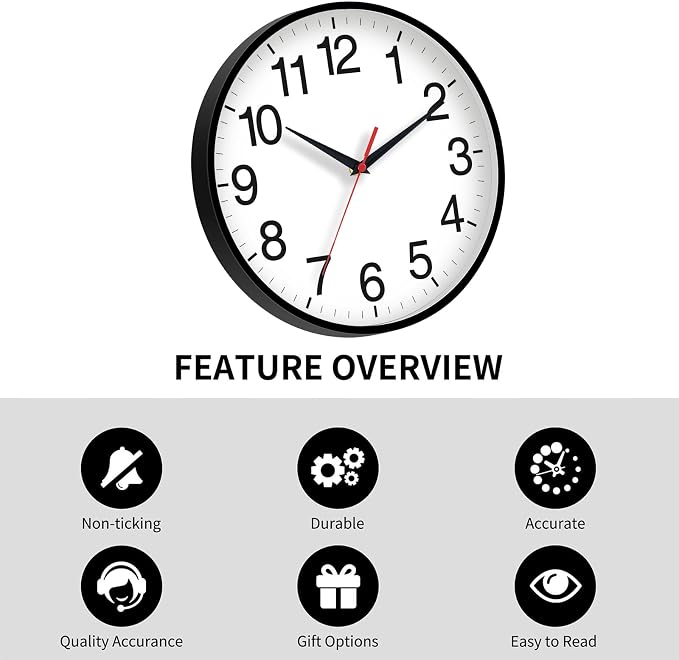Rohioue 16 Inch Wall Clock Modern Battery Operated Silent Non Ticking Large Analog Clock for Living Room Office Home Bedroom Kitchen Bathroom(Black)