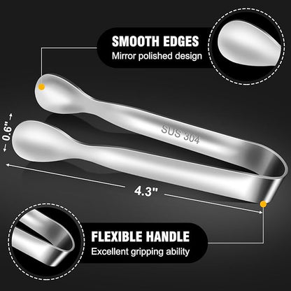 Eddeas Mini Tongs For Serving Food，Set fo 12 Small Tongs For Appetizers，Small Stainless Steel Metal Cooking Tong，for Tea Party Coffee Bar, 4 inch Sugar Tong - Silver