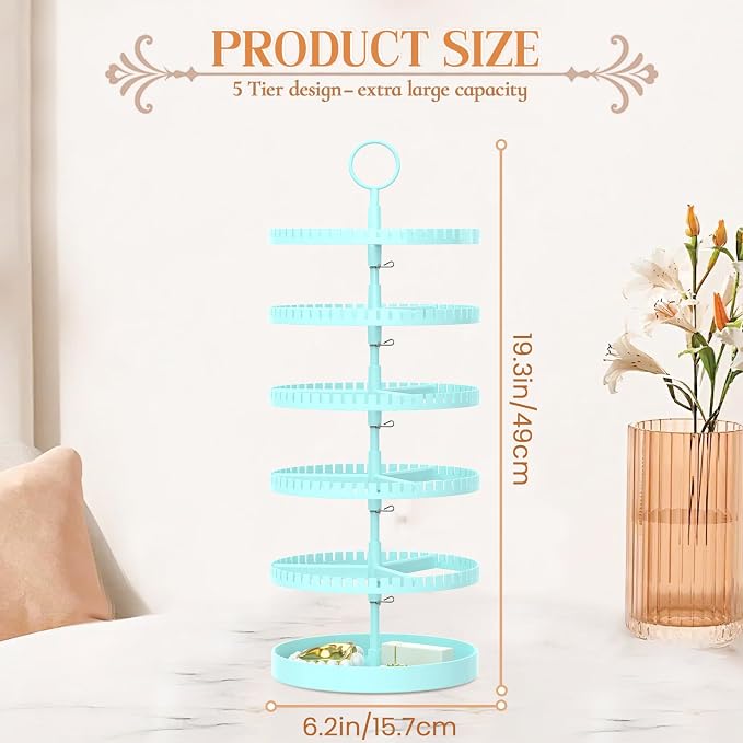 iDavosic.ly 5 Tier Rotating Earring Holder Organizer with Metal Tray, Adjustable Plastic Dangle Display Stands Tree with 285 Grooves, Large Hoop Storage Rack Tower, Blue