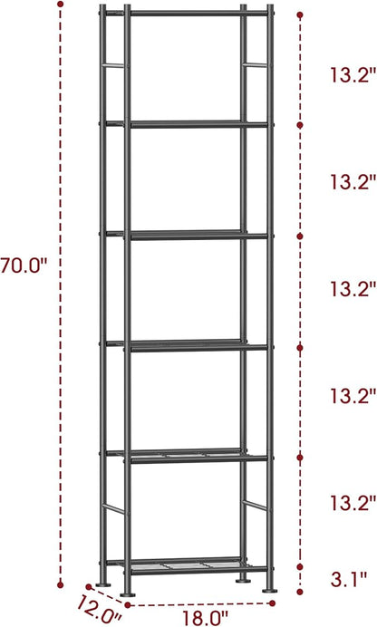Sakugi Storage Shelves - 6 Tier Shelf Organizer, Sturdy Metal Garage Shelving with Adjustable Leveling Feet, Space-Saving Shelves Organizer for Pantry, Laundry, Kitchen (18" x 12" x 70", Black)