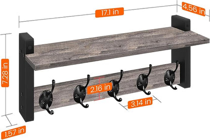Homode Wall Hooks with Shelf, Coat Rack Wall Mount, Entryway Shelf with Hooks for Clothes, Backpack, Key, Purse - Rustic Grey