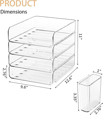 4-Tier Acrylic Paper Tray Organizer with Pen Holder | Clear Stackable Desk Organizer for Documents, Letters, A4 Paper | Modern Office/Classroom/Home Organization