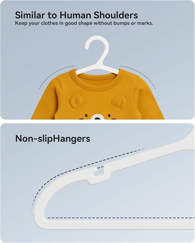 Plastic Kids Hangers, Pack of 100, Ultra Slim Closet Hangers, Non-Slip, Space-Saving, Sturdy, 14" W x 7" H (for Children Aged 7-12 Years), White, UAPY07100W