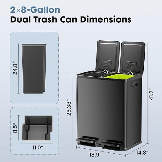 DUMOS Kitchen Double Trash Can, 2x8-Gallon Dual Trash Can with Lid, Stainless Steel Garbage Bin with 2 Removable Inner Buckets, Soft-Close Foot Pedal for Kitchen, Home, Office, Glossy Black