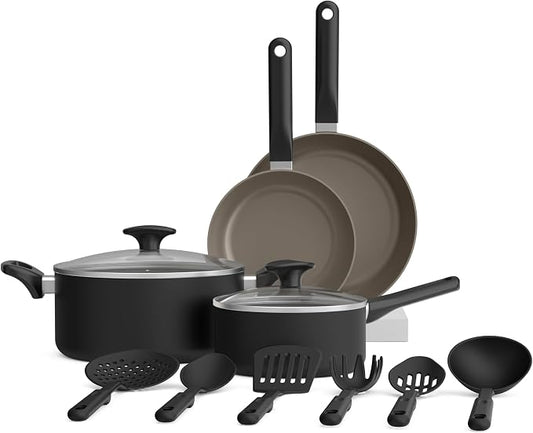 bella 12 Piece Cookware Set with EverGood™ Ceramic Nonstick Coating, Dishwasher & Oven Safe, All Stovetops Compatible, Tempered Glass Lids and Cool Touch Handles, Black
