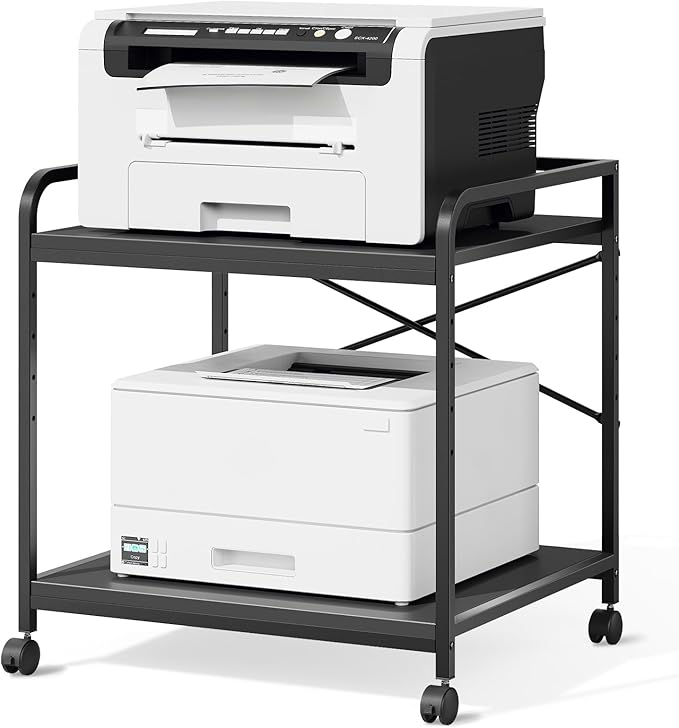 Warmiehomy 2 Tier Printer Stand with Storage, 22 Inches(55cm x 50cm) Under Desk Rolling Printer Cart with Height Adjustable Shelf, Large Printer Table for Home Office, Black