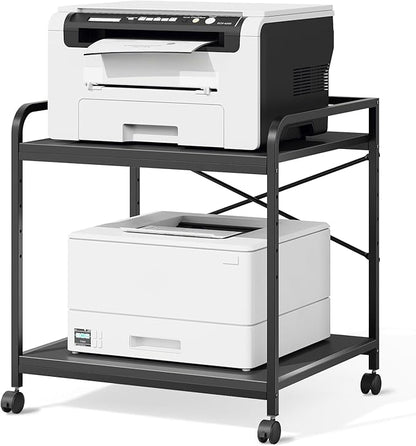 Warmiehomy 2 Tier Printer Stand with Storage, 22 Inches(55cm x 50cm) Under Desk Rolling Printer Cart with Height Adjustable Shelf, Large Printer Table for Home Office, Black