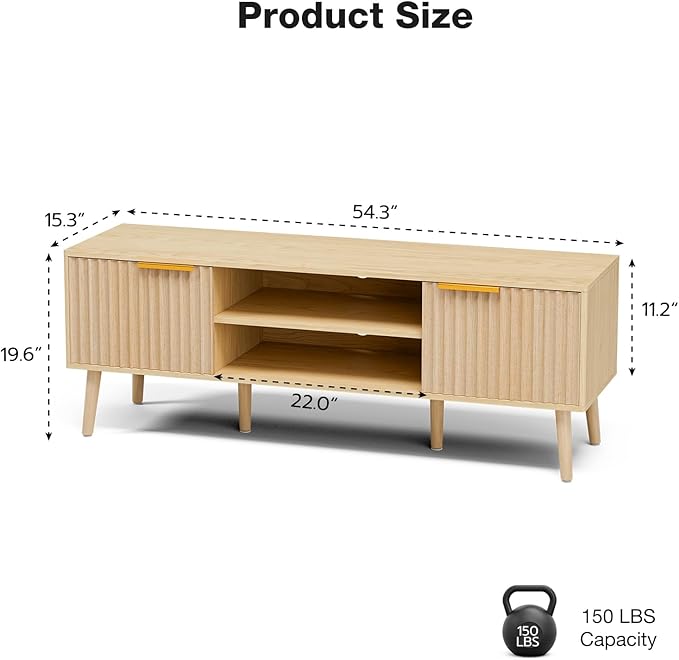 LCRBOL TV Stand for Living Room, Boho Entertainment Center for 55/60 inch TVs, Media Console with Fluted Door Cabinets and Open Shelves, for Bedroom, Oak