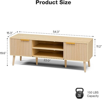 LCRBOL TV Stand for Living Room, Boho Entertainment Center for 55/60 inch TVs, Media Console with Fluted Door Cabinets and Open Shelves, for Bedroom, Oak