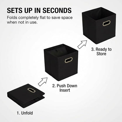 Household Essentials Foldable Fabric Storage Bins 6 Piece Set, Strong Poly-Woven Fabric, Sturdy Chipboard Sides, Grommet Front Handle, Stackable, Classic Design, Black