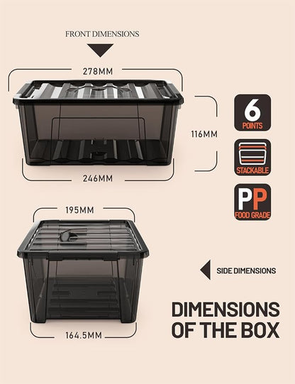 WYT 5-Quart Small Plastic Storage Container Bin with Secure Lids and Latch Buckles, Black Clear Durable Stackable Nestable Organizin, 6-Pack