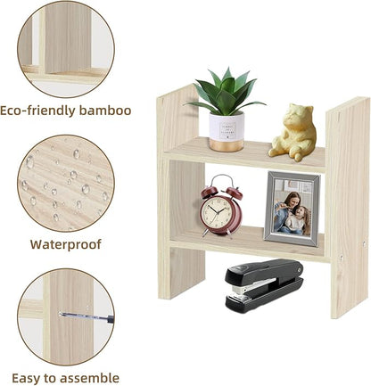 TY ARTS & CULTURE - Expandable Wood Desktop Storage Organizer Multipurpose Desk Bookshelf Display Shelf Rack Counter Top Bookcase for Office Home | Natural Beige