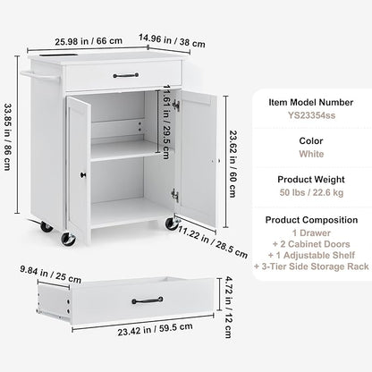 VEVOR Kitchen Island Cart, 32" Mobile Carts with Storage Cabinet, Rolling Table with Power Outlet, Spice Rack, Towel Bar, Adjustable Shelf, Drawer, Dining Living Room Portable Islands on Wheels, White