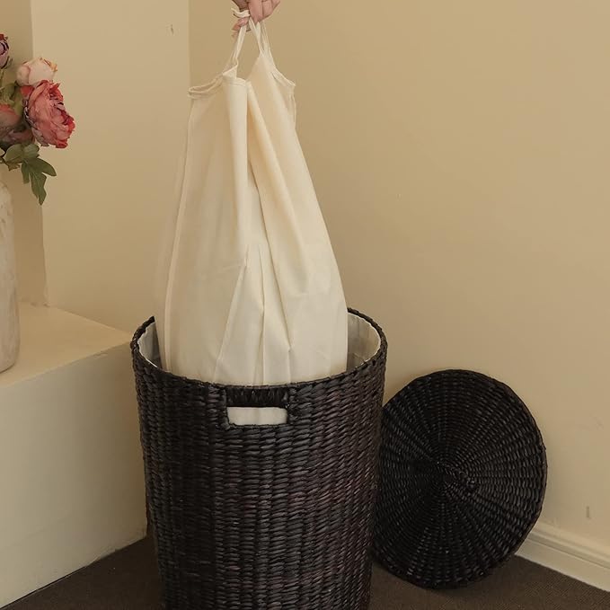 Handmade Wicker Laundry Basket with Lid,Hand-woven Laundry Hamper with Removable Liner,Large Laundry Basket with Ample Laundry Space,Coffee