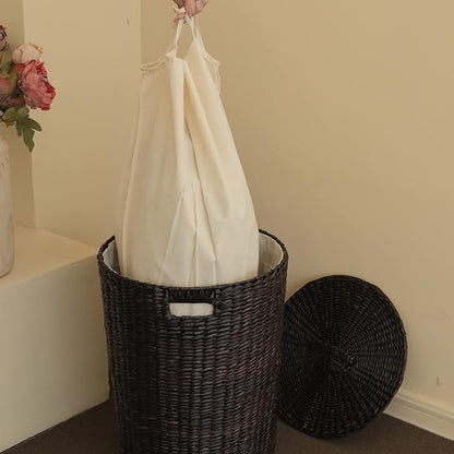 Handmade Wicker Laundry Basket with Lid,Hand-woven Laundry Hamper with Removable Liner,Large Laundry Basket with Ample Laundry Space,Coffee