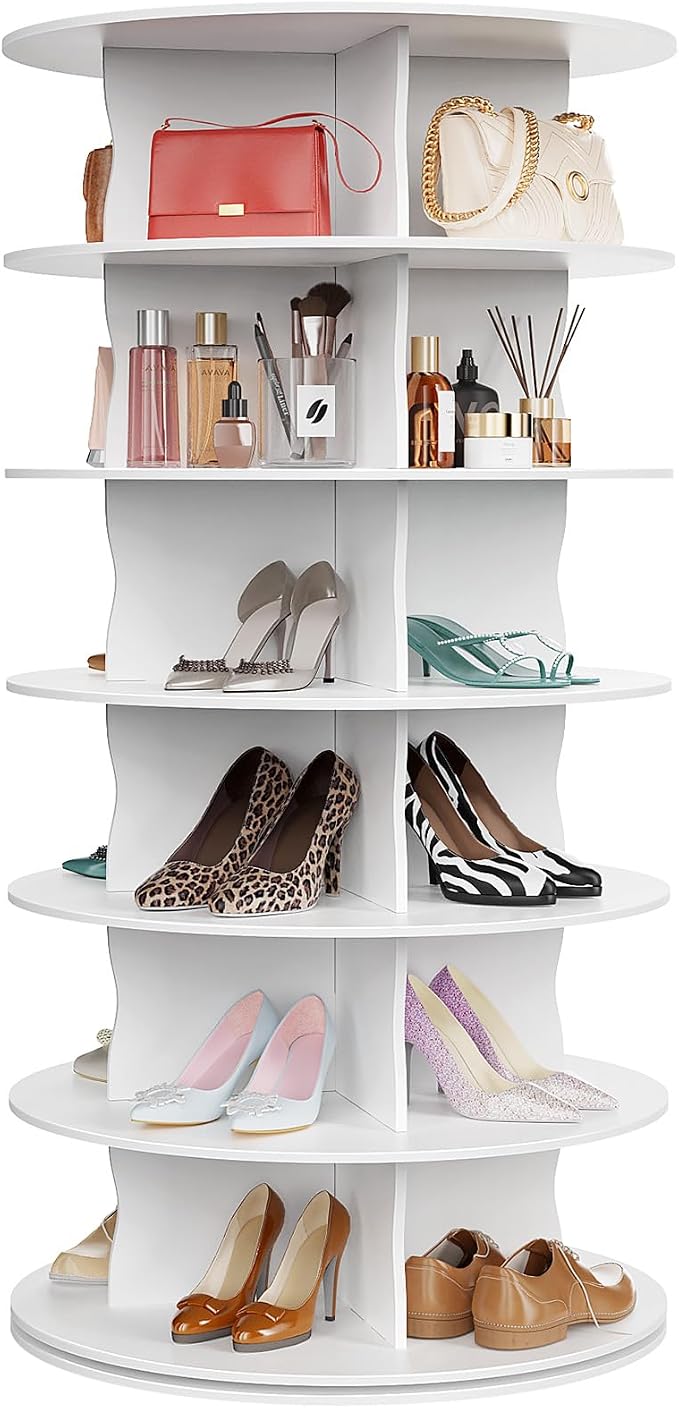 6-Tier Rotating Standing Shelf Unit with Dividers, 360° Storage Display Tower Vertical Floor Organizer, for Bedroom, Closet, Entryway & Office, Ideal for Shoes, Cosmetics & Handbags, White