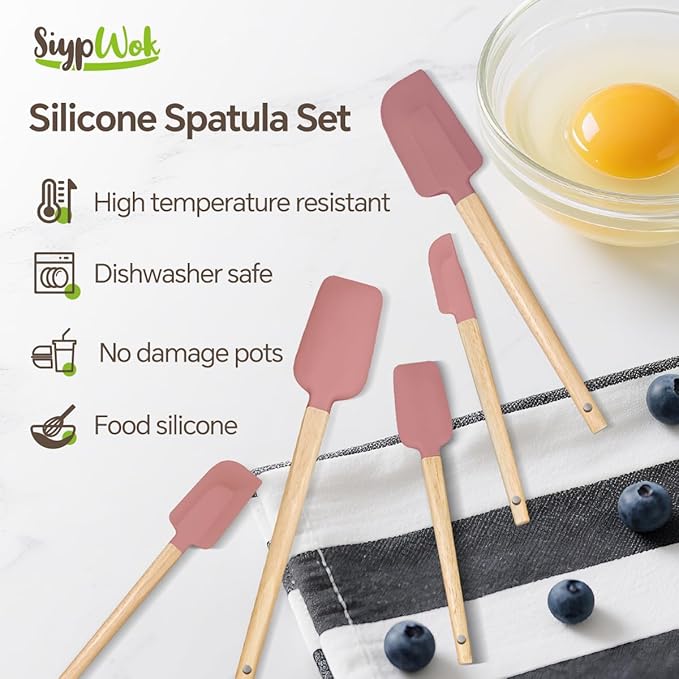 5 Pcs Silicone Spatula Set,Food Grade Silicone Spatula Nonstick Rubber Spatulas with Wooden Ergonomic Grip,Spoonula,Jar Scraper for Cooking,Baking,Mixing,Frosting-Heat Resistant Up to 428°F(Pink)