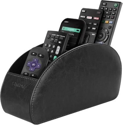 SITHON Remote Control Holder with 5 Compartments - PU Leather Remote Caddy Desktop Organizer Store TV, DVD, Blu-Ray, Media Player, Heater Controllers, Black
