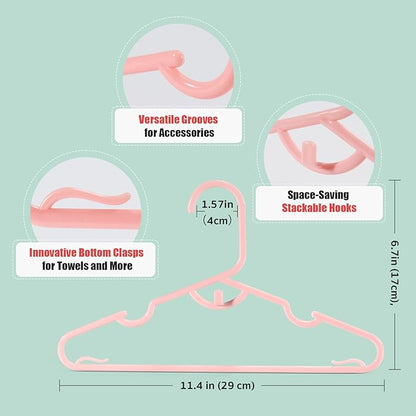 Plastic Baby Clothes Hangers 60 Pack, Pink Stackable Plastic Kids Hangers (11.4") for Toddler Newborn Childrens Clothes Closet, Ideal for Clothing, Pants, Coats, and More