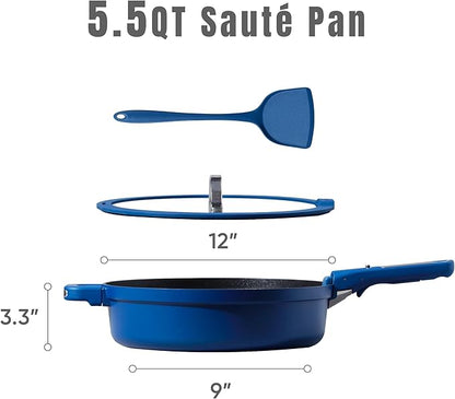 CAROTE 4pcs Non Stick Frying Skillet with Lid, 12inch Nonstick Large Deep Frying Pan, 5.5Qt Saute Induction Pan, Cooking Set with Detachable/Removable Handle,Oven/Dishwasher Safe