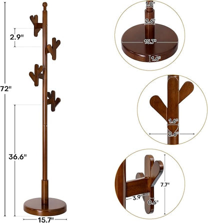 Wooden Coat Rack Freestanding, Creative Antler Hooks, Rubberwood Coat Rack Stand with Stable Round Base, Heavy Duty Coat Hanger Hall Tree for Entryway,Bedroom,Apartment/Jacket, Hat, Bag