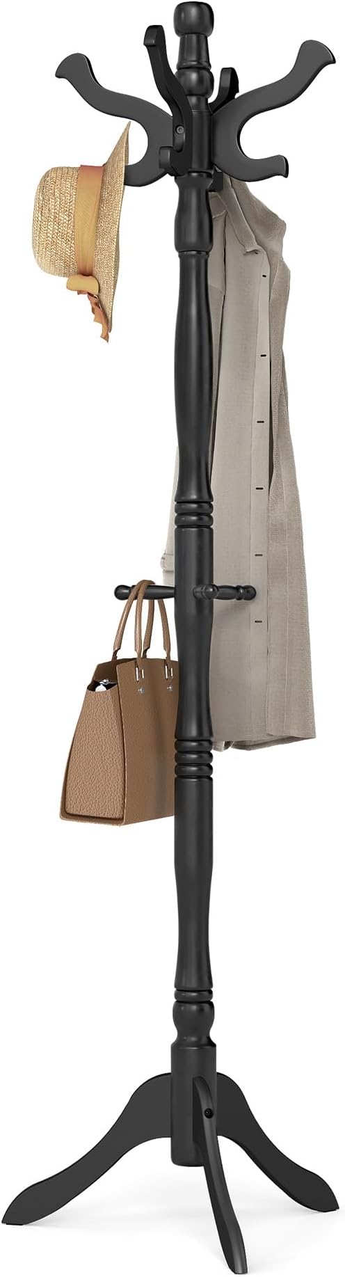 VASAGLE Coat Stand, Solid Wood Freestanding Coat Rack with 11 Hooks, Hall Tree for Bags, Purses, Hats, for Entryway, Hallway, Rubberwood, Ink Black URCR005B01