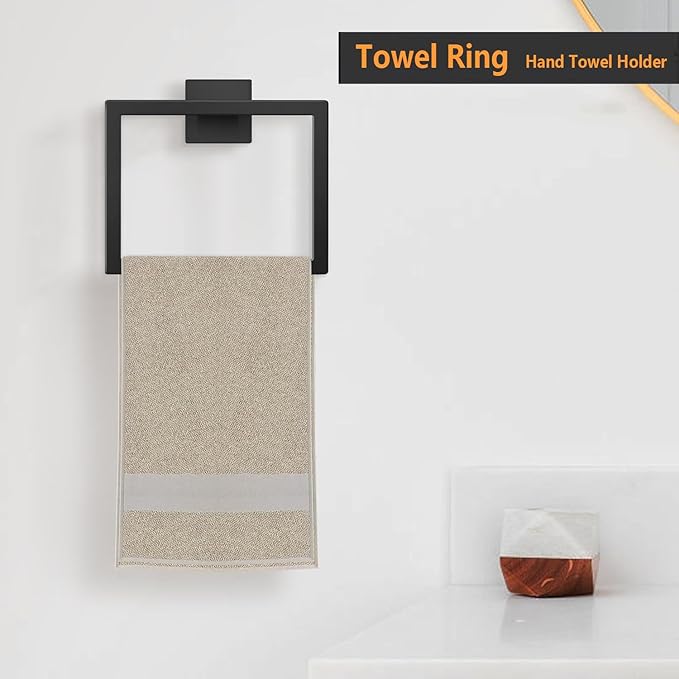 JOPOFI 2-Piece Towel Ring - Thicken Stainless Steel Towel Holder, Towel Racks for Bathroom, Square Modern Design Hand Towel Holder, Contemporary Hand Towel Bar - Matte Black