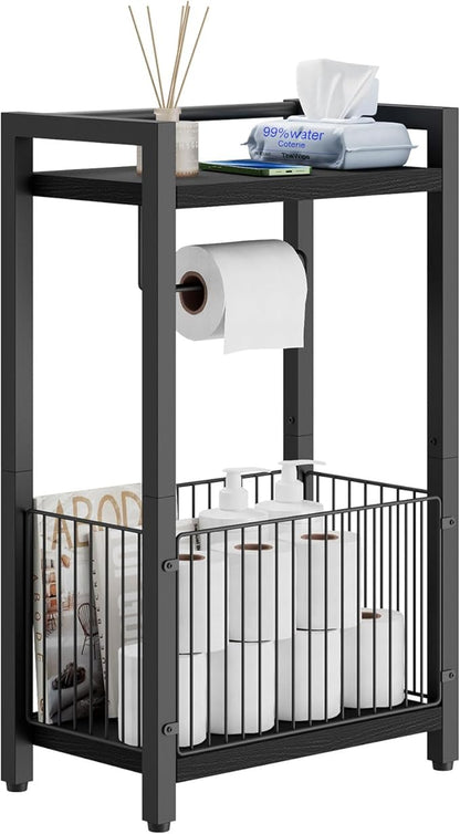 IBUYKE Freestanding Toilet Paper Holder Stand with Storage Shelf,Bathroom Toilet Tissue Roll Dispenser with Extra Space for Rolls, Magazines, Wet Wipes Black TLJ020B