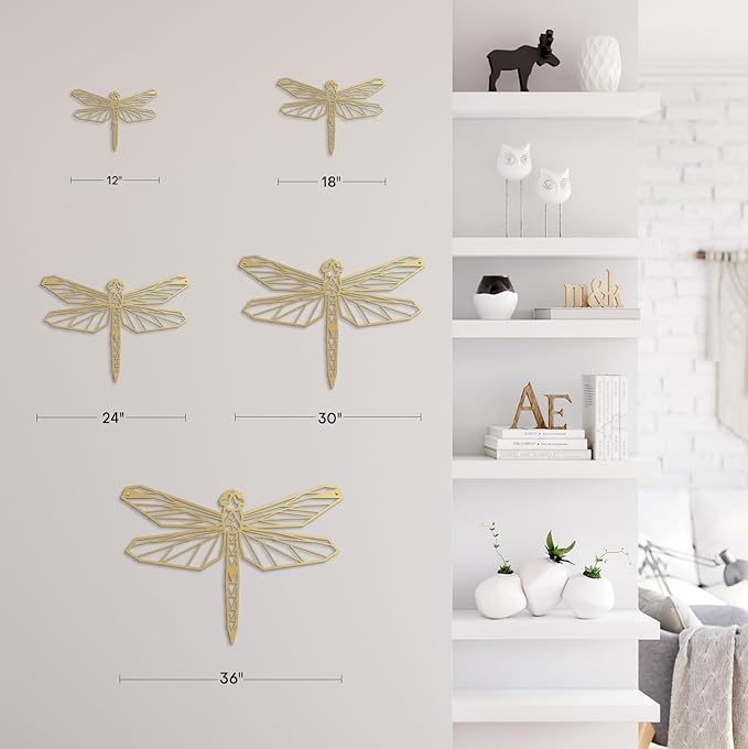 SIGNLEADER Metal Wall Art Decor Geometric Dragonfly Modern Abstract Wall Sculpture Hangings Home Decoration for Living Room, Bedroom, Bathroom, Kitchen, Outdoor - 24" Gold