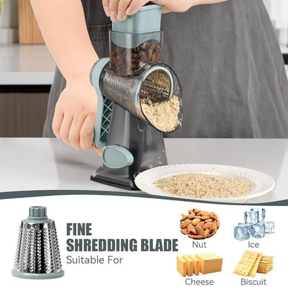 KEOUKE Rotary Cheese Grater Pro 6 in 1 - Shredder Crinkle Slicer Grinder Ice Shaver, Stable Suction, Time-saving Easy Use & Clean, Safe Morden Kitchen Tool for Cheese, Vegetable, Nuts, Chocolate
