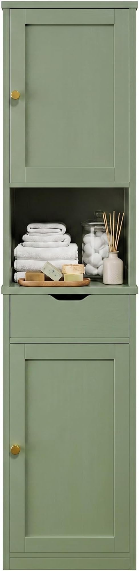 Walsunny Tall Bathroom Storage Cabinet with Freestanding Adjustable Shelves, Narrow Storage Linen Cabinet with 2 Doors and 1 Drawer for Bathroom, Living Room, Kitchen, Green