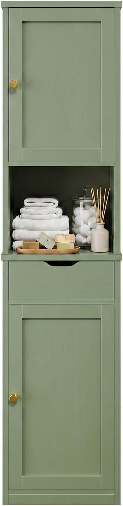 Walsunny Tall Bathroom Storage Cabinet with Freestanding Adjustable Shelves, Narrow Storage Linen Cabinet with 2 Doors and 1 Drawer for Bathroom, Living Room, Kitchen, Green