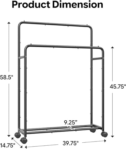 Simple Trending Clothing Clothes Rack Double Rods with Wheels, Rolling Metal Garment Rack for Hanging, Black