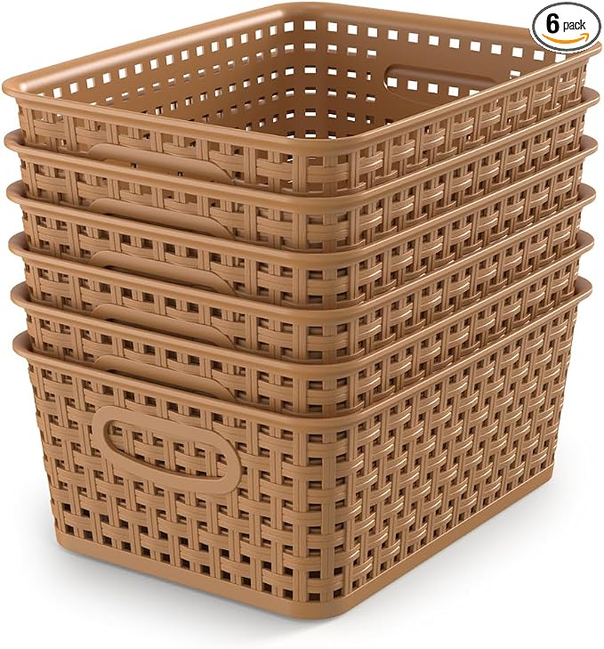 WYT 6-Pack Plastic Small Shelf Storage Weave Baskets Organizing for Cabinets and Pantries, Light Brown
