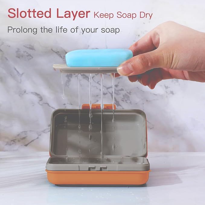 Quatish Leakproof Bar Soap Holder Dish with Lid for Shower, Portable 1 Pack Travel Soap Case Box for Gym, Camping, Hiking, Outdoor Use, Travel Size Toiletries Essentials, Keeps Soap Dry, Orange