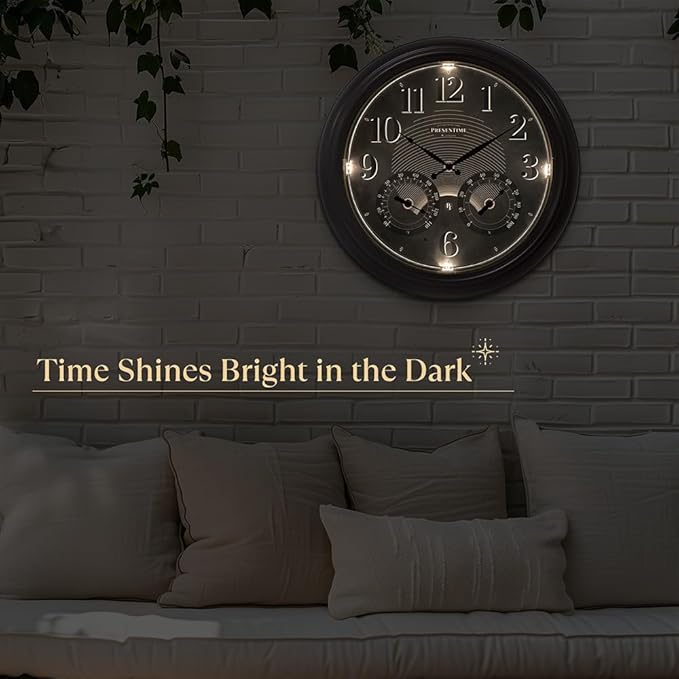 Presentime & Co 18" Illuminated in/Outdoor Clock with Smart Sensor and Night Light, Waterproof, Large Wall Clock with Thermometer & Hygrometer, for Garden and Patio - Oil Rubbed Bronze