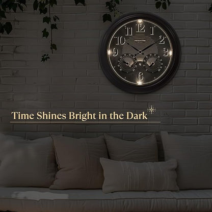 Presentime & Co 18" Illuminated in/Outdoor Clock with Smart Sensor and Night Light, Waterproof, Large Wall Clock with Thermometer & Hygrometer, for Garden and Patio - Oil Rubbed Bronze