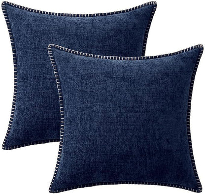 MIULEE Pack of 2 Couch Throw Pillow Covers 18x18 Inch Navy Farmhouse Decorative Pillow Covers with Stitched Edge Soft Chenille Solid Dyed Pillow Covers for Sofa Bed Living Room