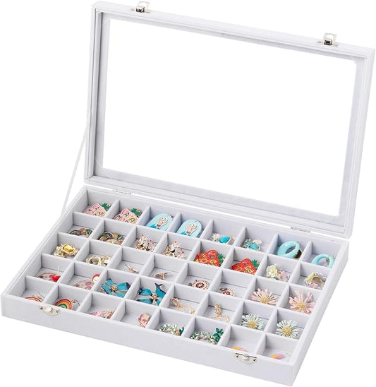 Frebeauty 40 Grid Jewelry Tray,Adjustable Earring Holder Organizer with Glass Lid,Velvet Drawer Jewelry Organizer for Rings,Studs,13.8 x 9.5 x 2 Inches Jewelry Display Box,Gift for Women(White)