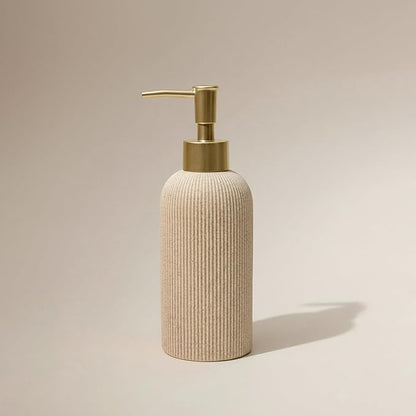 Lunestella Sand Beige Hand Soap Dispenser for Bathroom and Kitchen with Matte Gold Pump, Lotion, Dish Soap, Multiuse, Luxury Farmhouse Style, Sandstone Finish, Rust Proof, 7oz (Matte Gold)