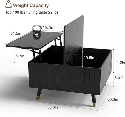 JOINICE 32" Square Lift Top Coffee Table with Storage, Modern Black Center Table for Living Room, Minimalist Wood Cocktail Table with Rising Desktop, Home Office