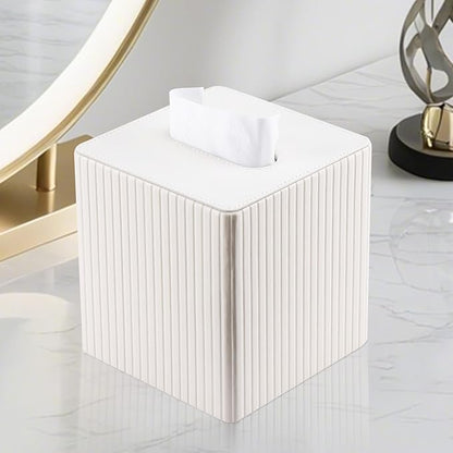 KINGFOM Square Pu Leather Tissue Box Cover, Modern Facial Tissue Holder, Roll Tissues Paper Case Dispenser for Bathroom Vanity Countertop, Night Stands, Office Desk (Off-White Strips)