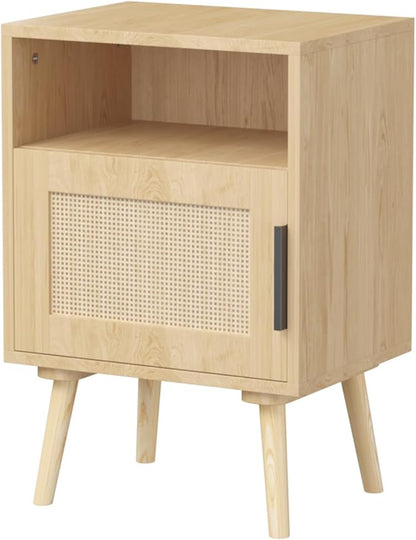 Rattan Nightstand with Storage, Side Table for Bedroom Living Room Dorm, Modern Bedside End Table with Open Shelf, Solid Wood Legs,Oak