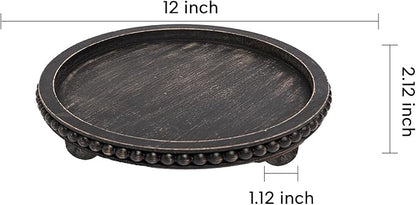 HPC Decor 12in Round Tray for Home Decor- Black Wood Beaded, Decorative Round Tray for Living Room Decor, Coffee Table Decor, Kitchen Table Decor or Farmhouse Serving Tray