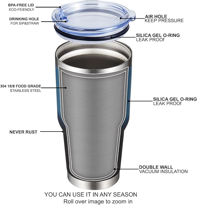 MEWAY 30oz Insulated Tumbler With Lids and Straws,Stainless Steel Double Vacuum Coffee Tumbler Cup, Brush, Durable Powder Coated Coffee Cup for Cold & Hot Drinks(Blue Black, 8 PACK)