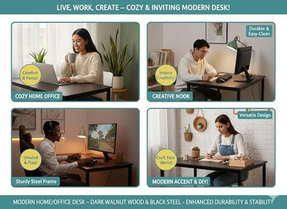 47 inch Large Computer Desk Wood, Modern Simple Style Desk for Home Office, Bedroom, Study Student Writing Desk, Small Spaces, Black Metal Frame, Dark Walnut Top